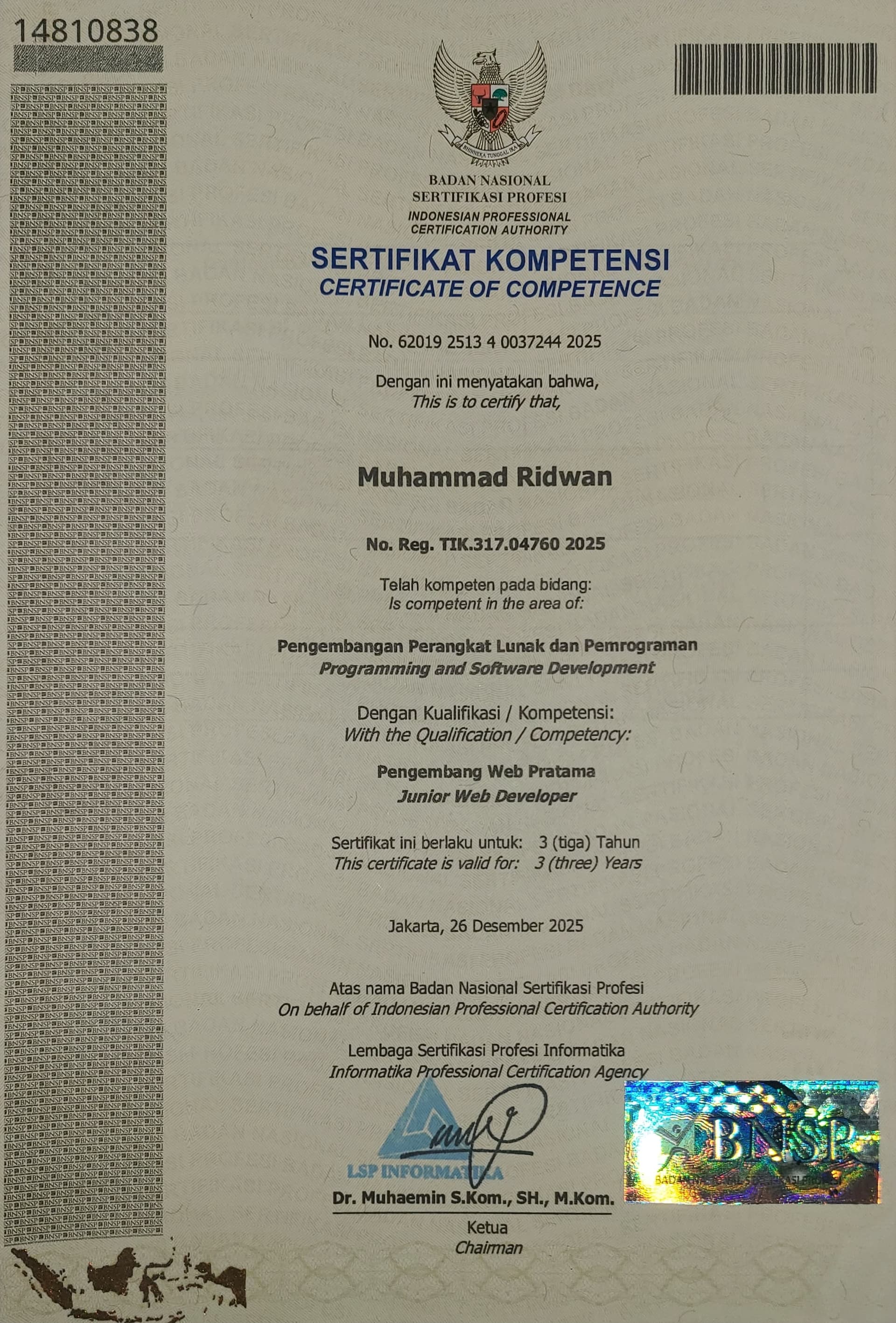 BNSP Junior Web Developer certificate 1