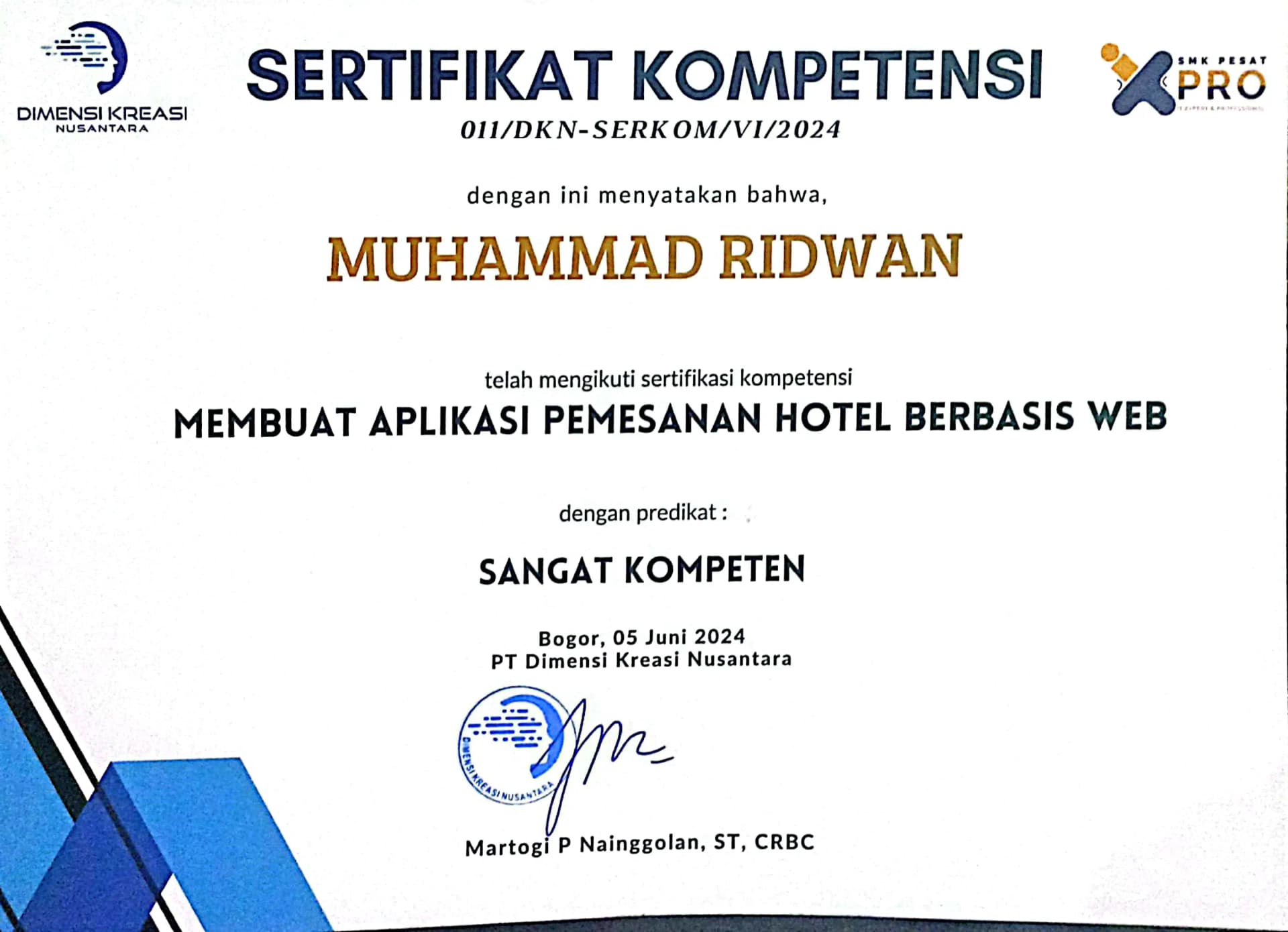 Hotel Booking System Development certificate 1