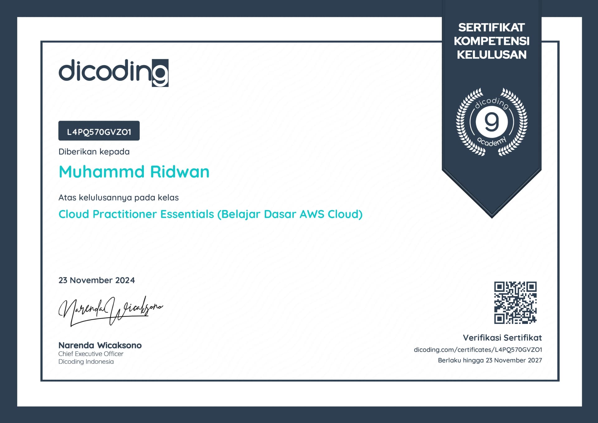 AWS Cloud Practitioner Essentials certificate 1